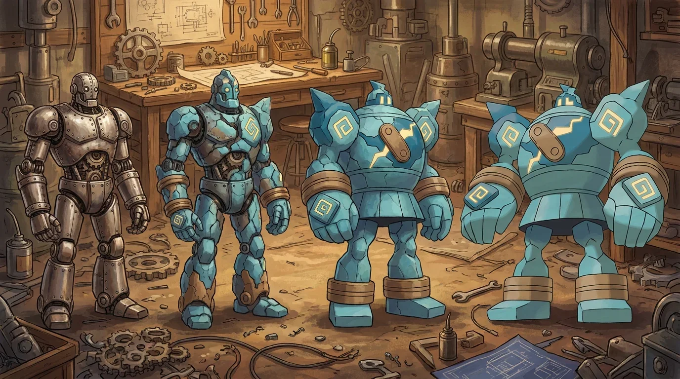 A riveted steel humanoid robot turning into Golurk
