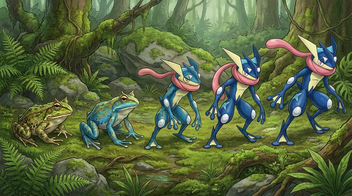 A horned frog turning into Greninja