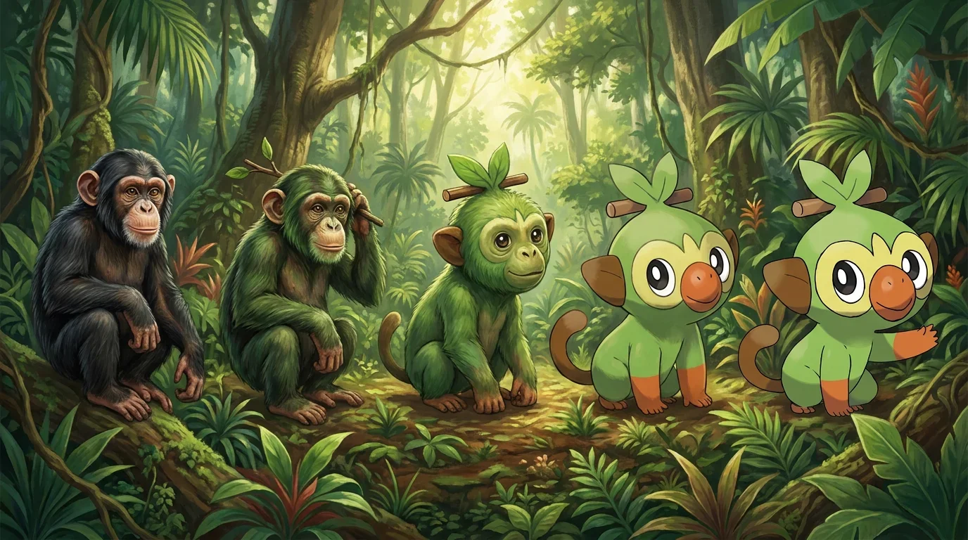 A young chimpanzee turning into Grookey