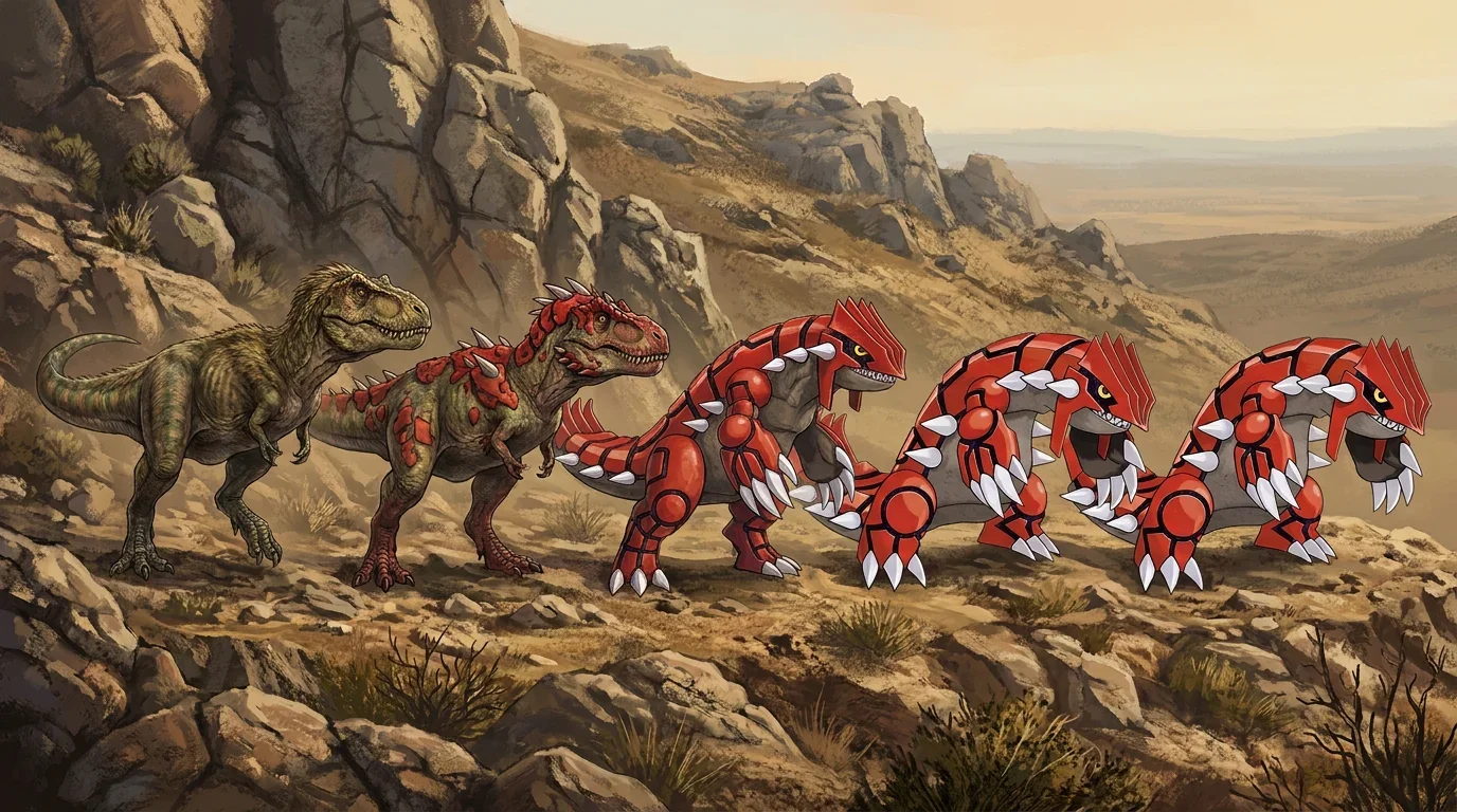 A tyrannosaurus rex turning into Groudon