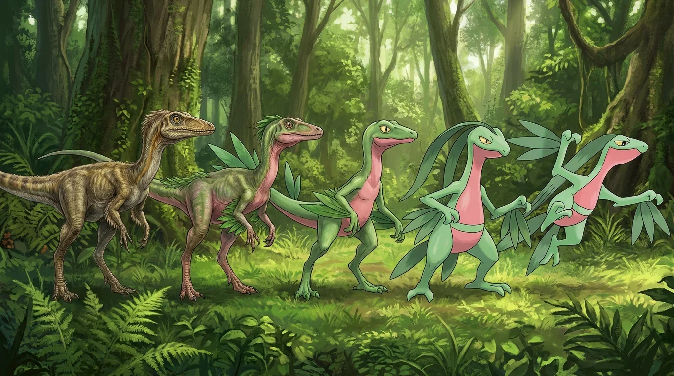A adult compsognathus turning into Grovyle