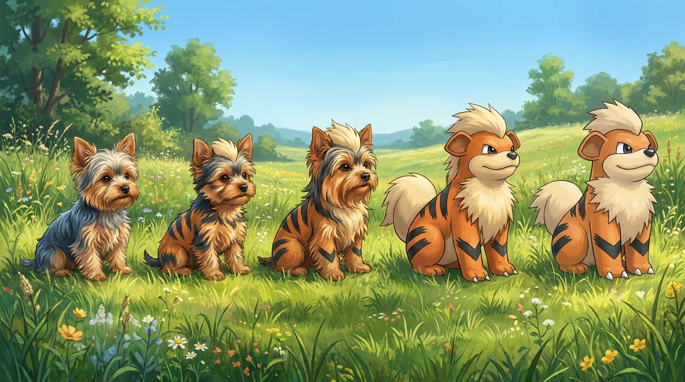 A yorkshire terrier puppy turning into Growlithe