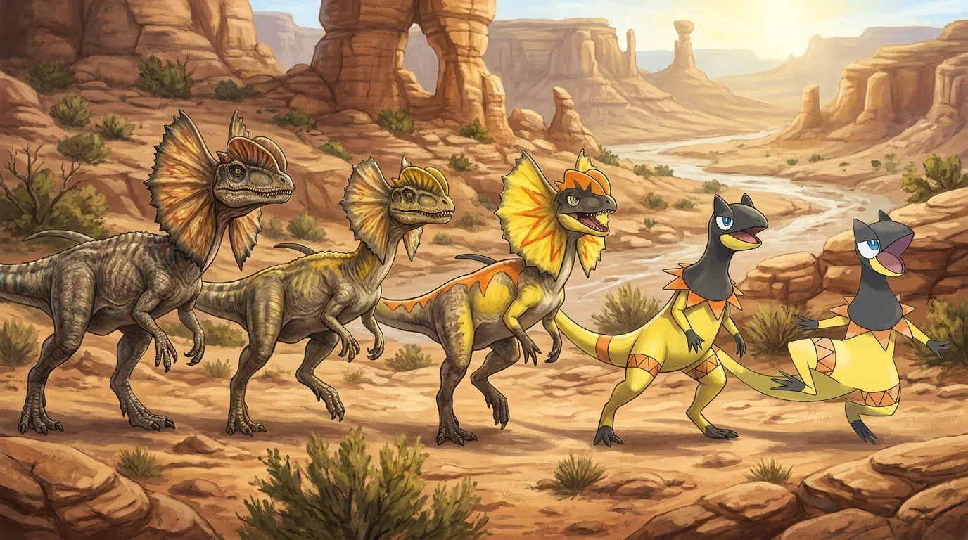 A adult dilophosaurus turning into Heliolisk