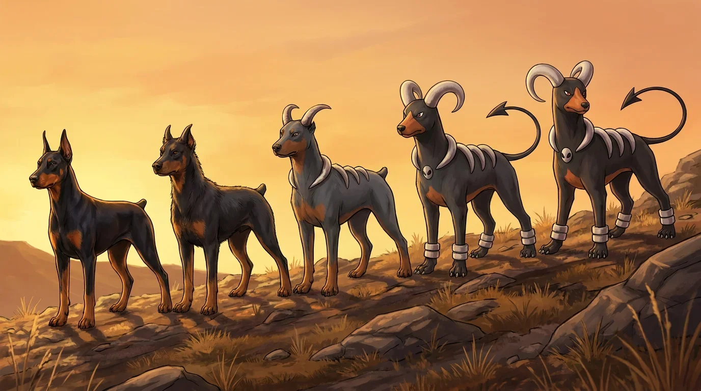 A adult dobermann turning into Houndoom