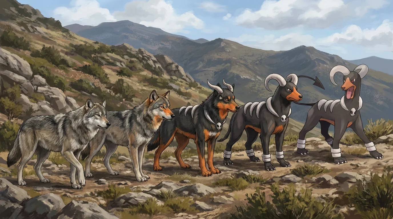 A gray wolf turning into Houndoom