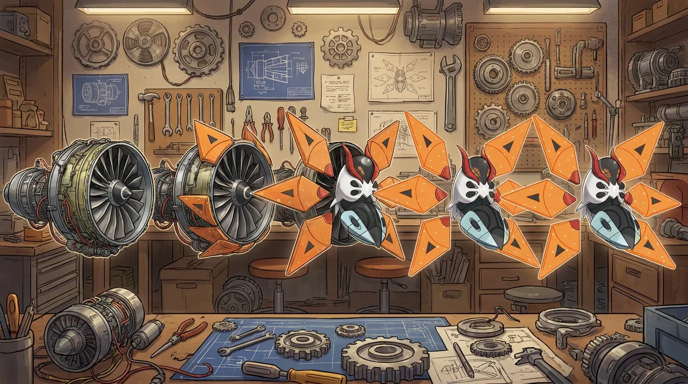 A jet engine turbine turning into Iron Moth