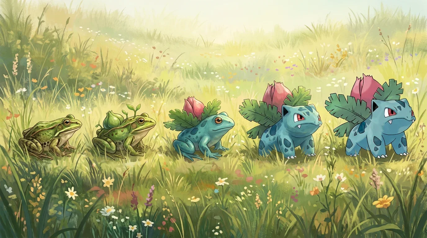 A european green frog turning into Ivysaur