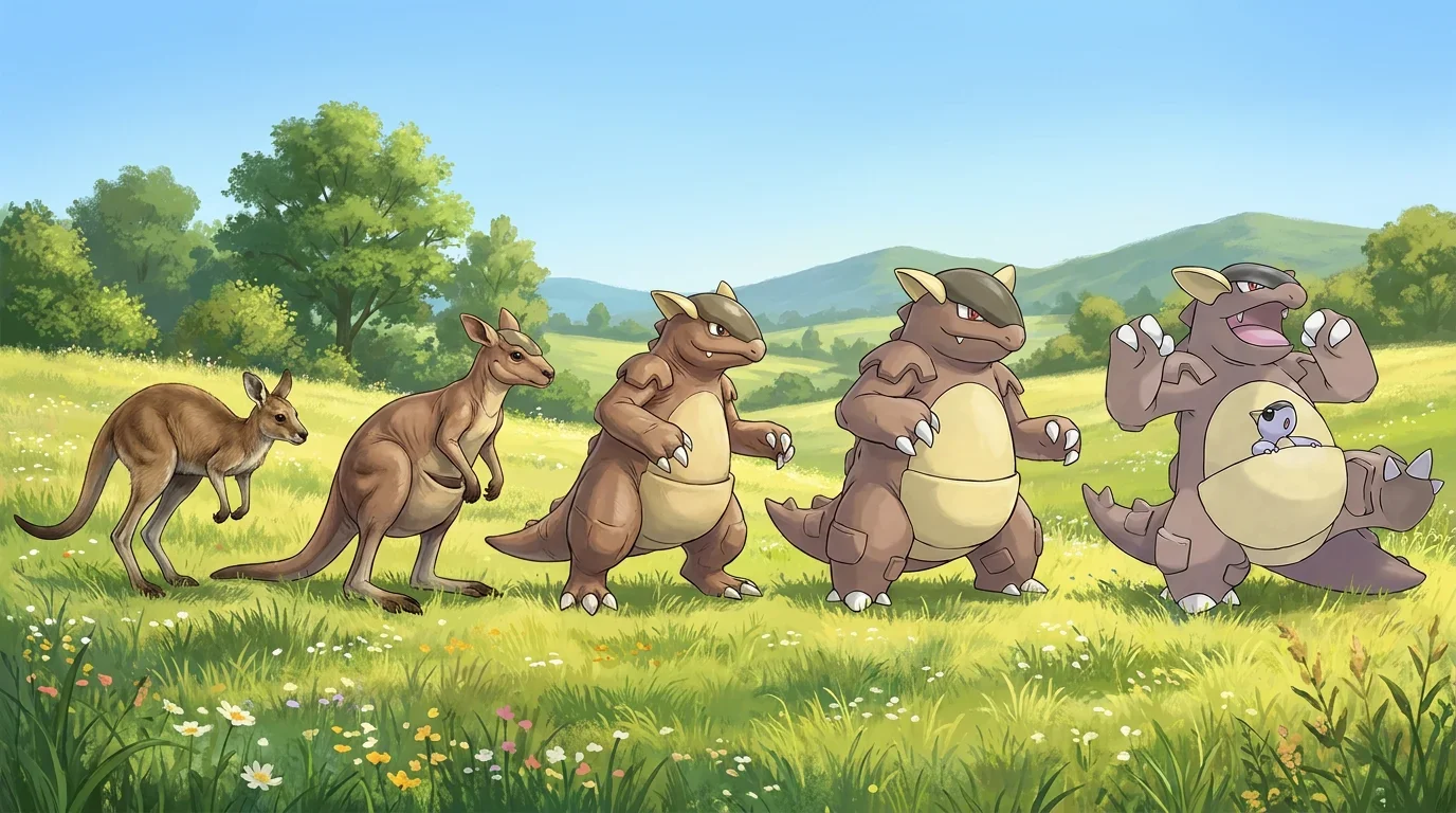 A kangaroo joey turning into Kangaskhan