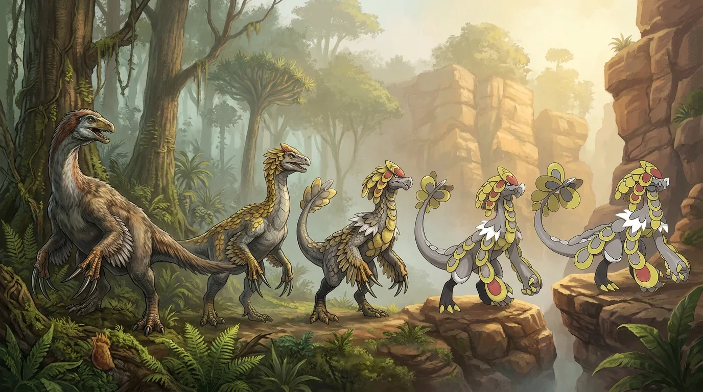 A adult therizinosaurus turning into Kommo-o
