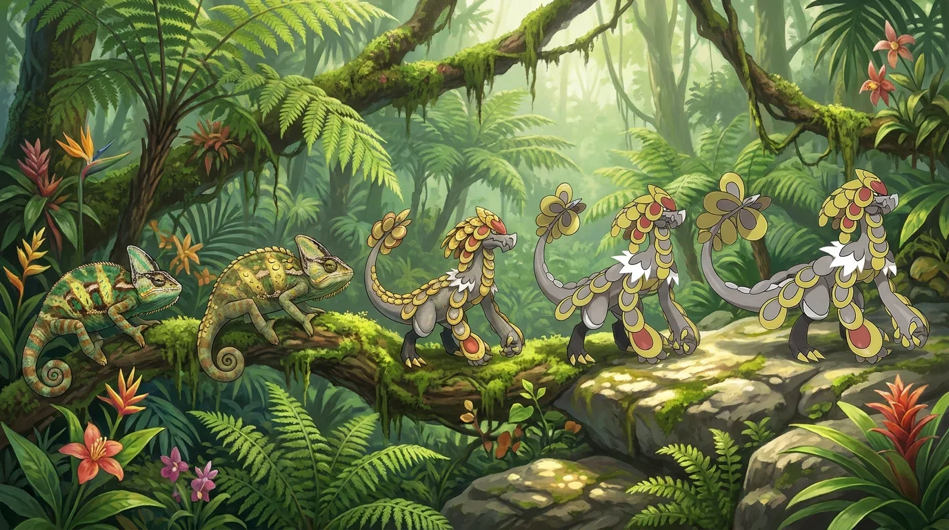A veiled chameleon turning into Kommo-o