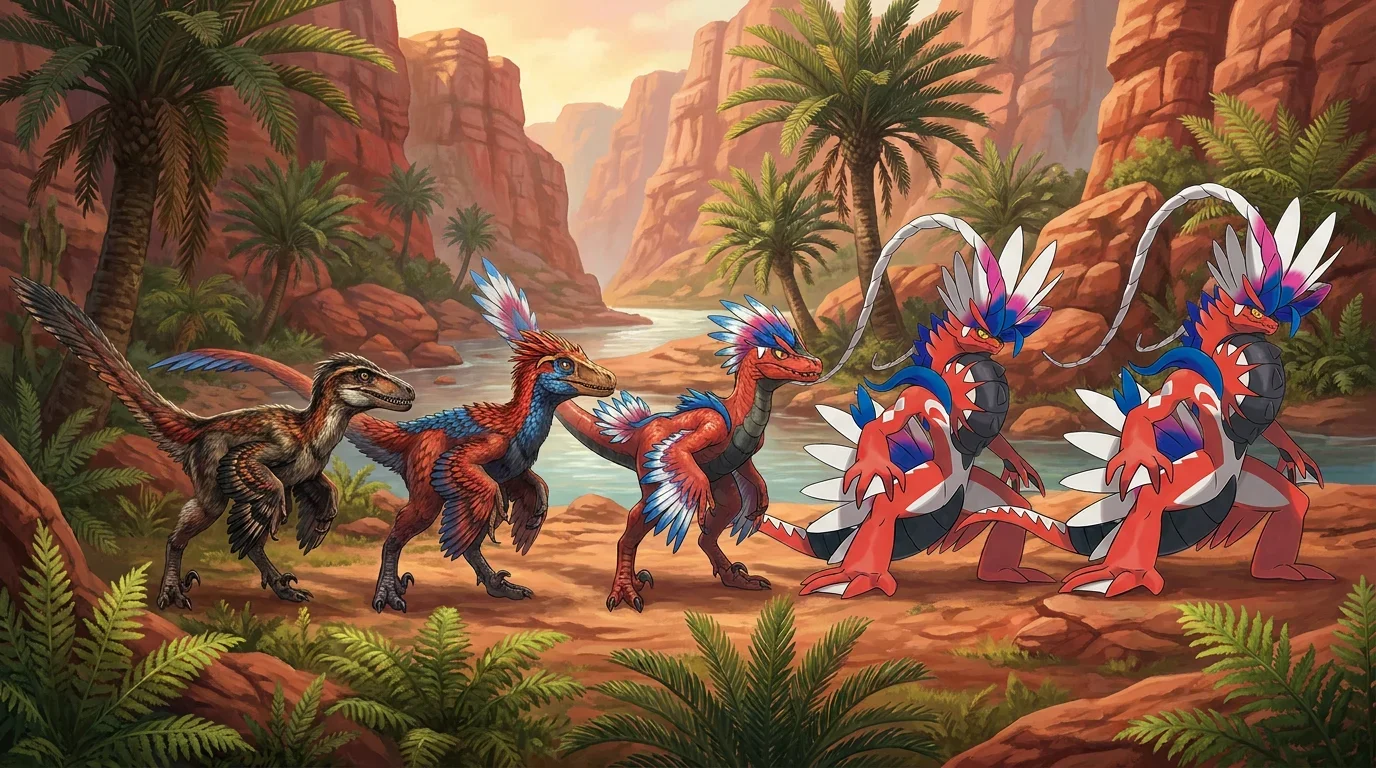 A adult utahraptor turning into Koraidon