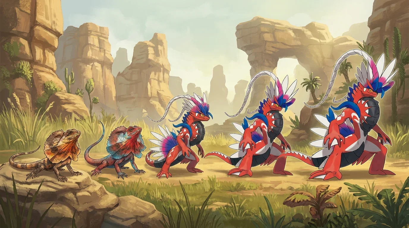 A frilled lizard turning into Koraidon