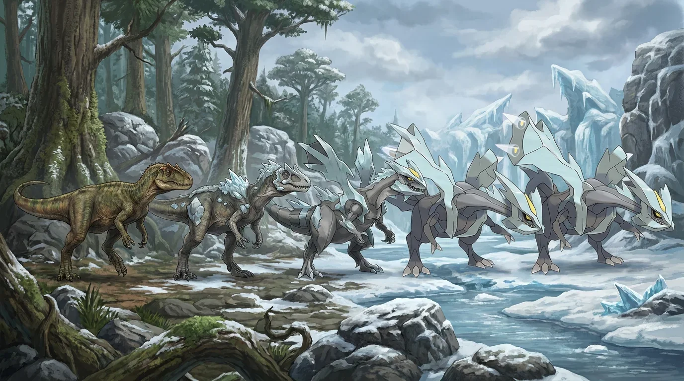 A allosaurus theropod turning into Kyurem