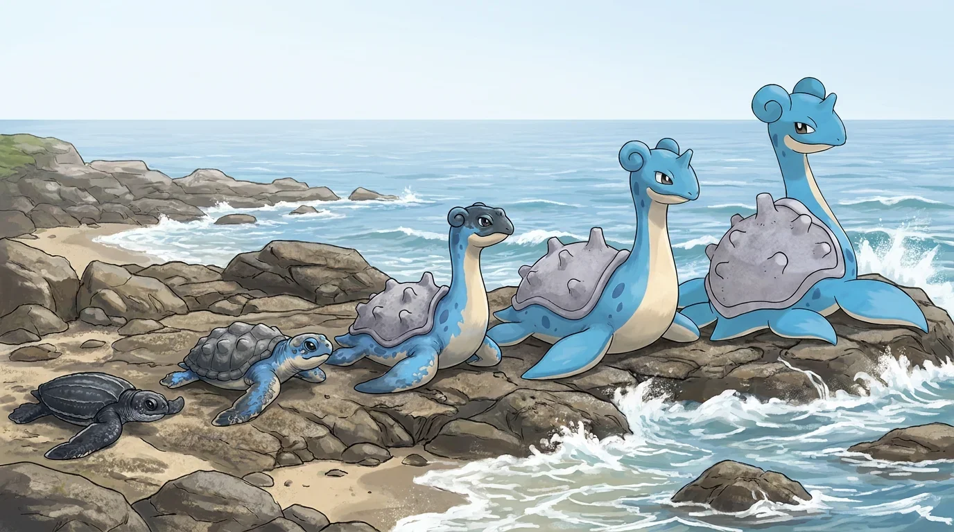 A leatherback sea turtle hatchling turning into Lapras