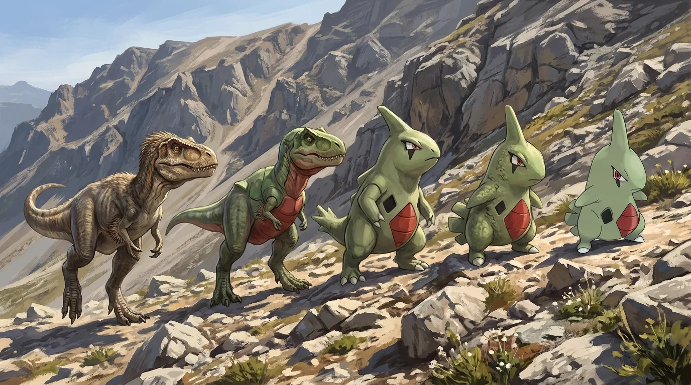 A young tyrannosaurus rex turning into Larvitar
