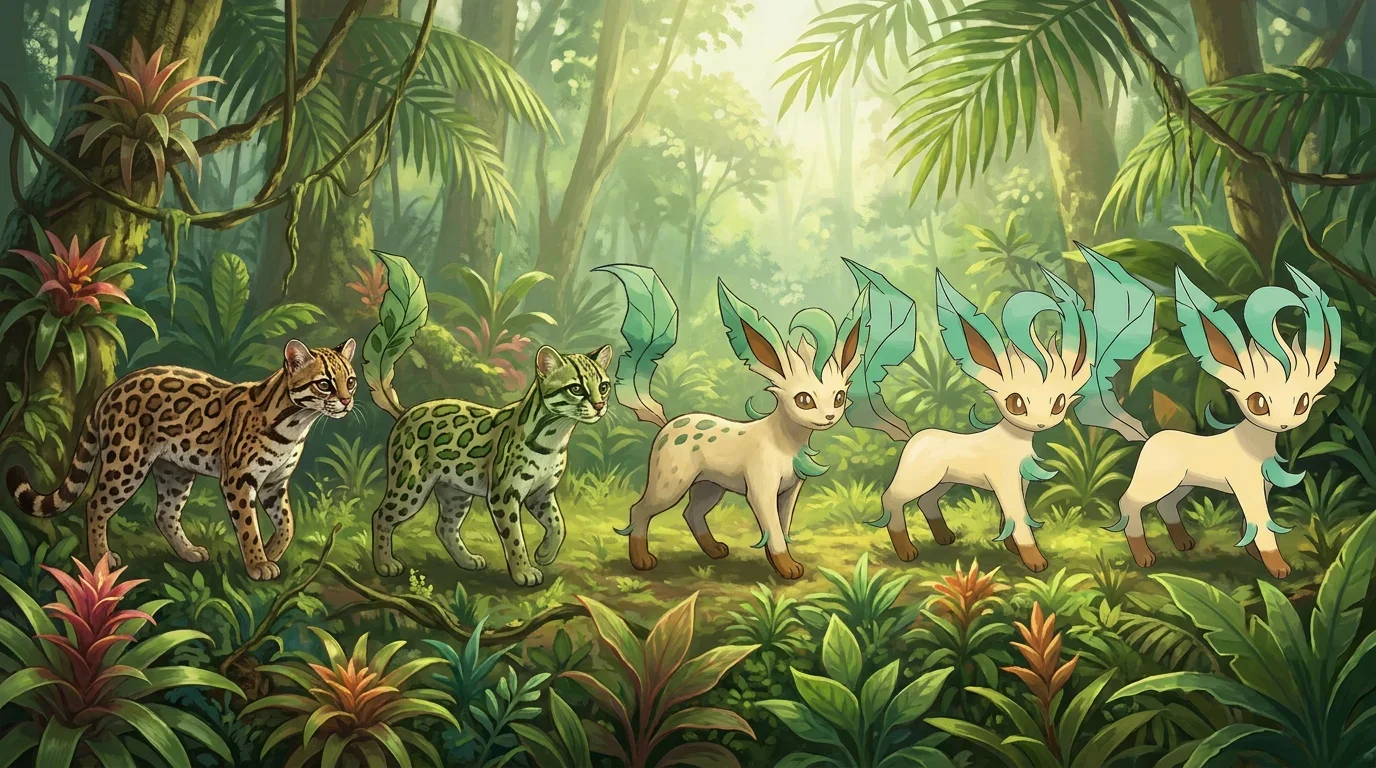 A adult margay turning into Leafeon