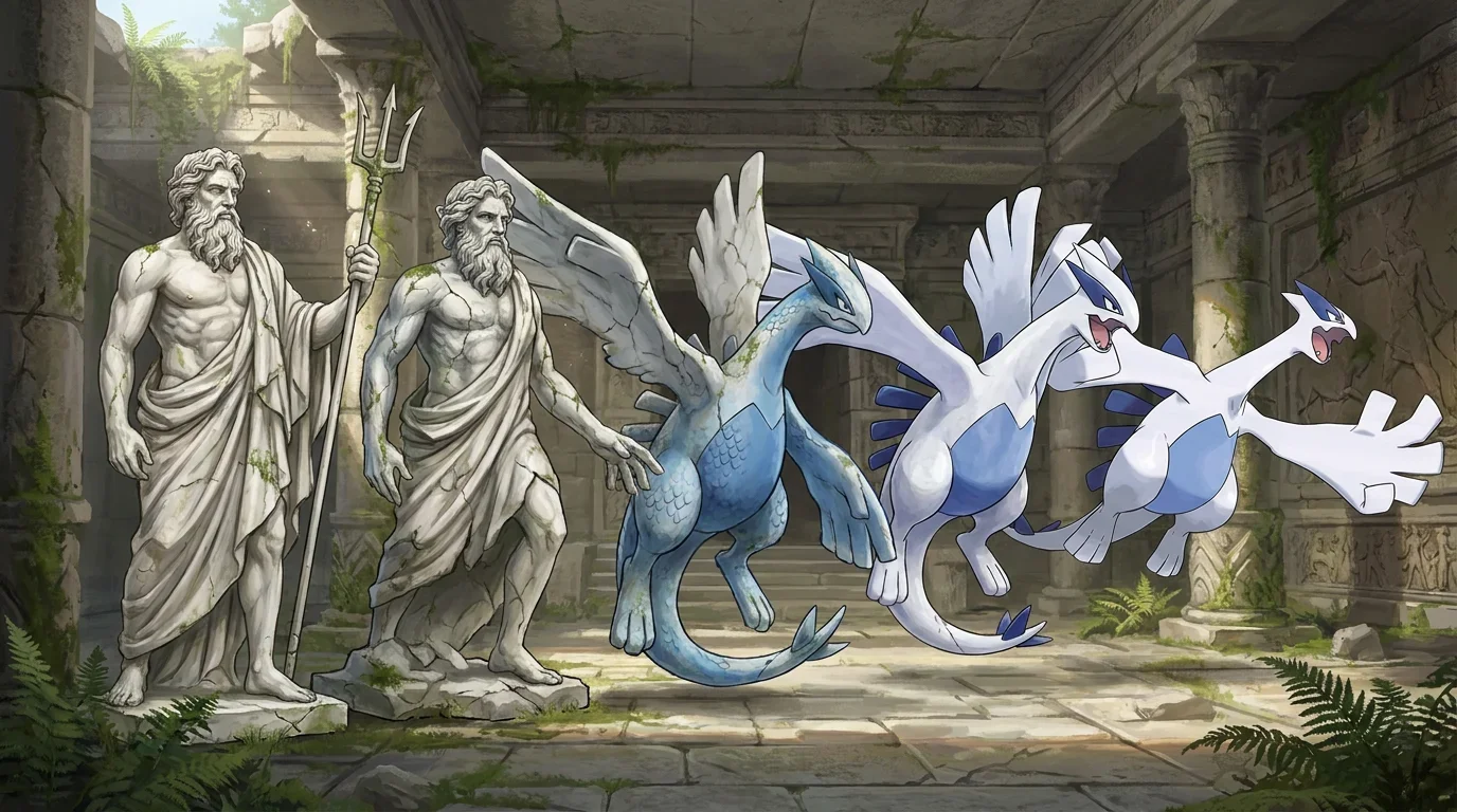 A marble statue of poseidon turning into Lugia