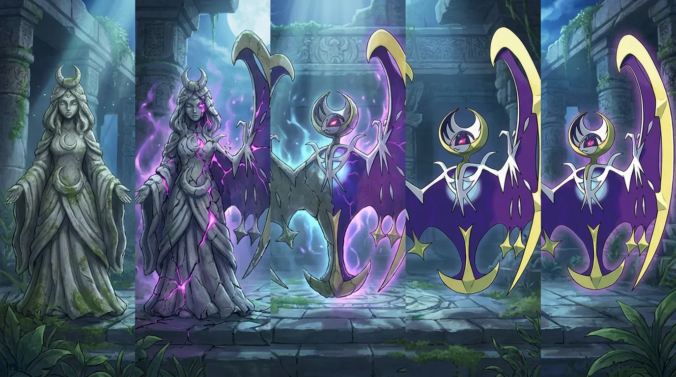 A stone statue of hina moon goddess turning into Lunala