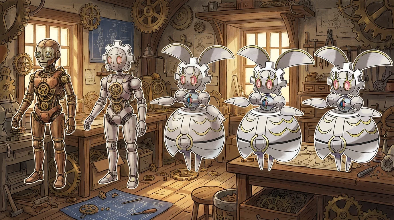 A antique clockwork automaton turning into Magearna