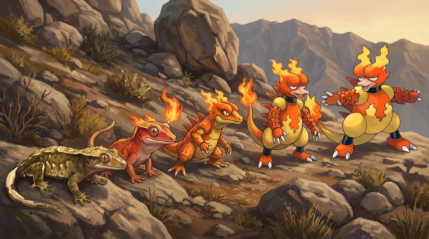 A crested gecko turning into Magmar