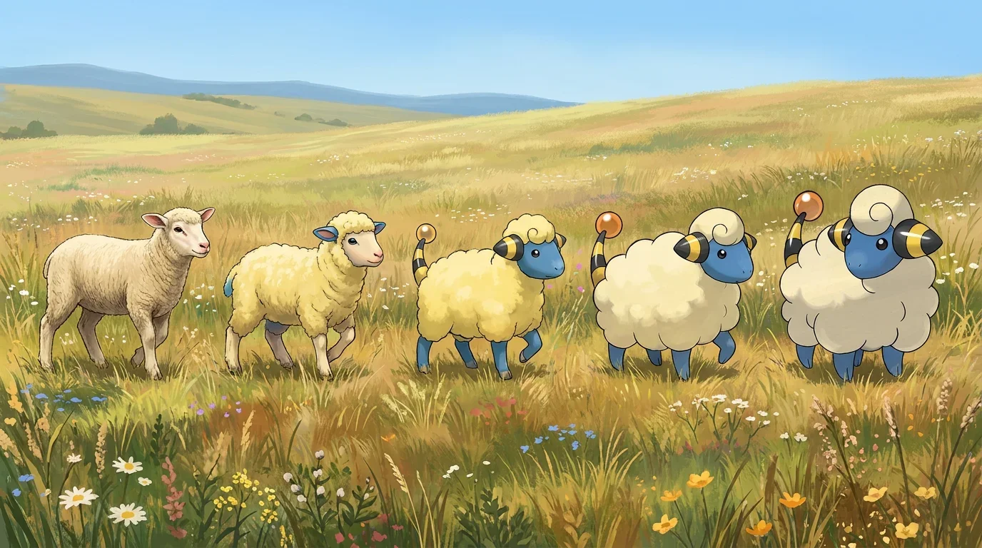 A domestic sheep lamb turning into Mareep