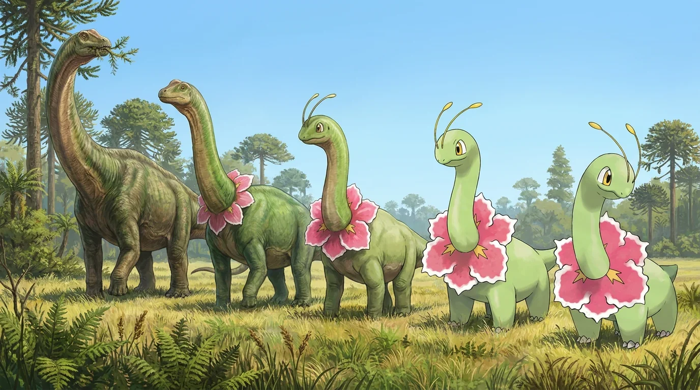 A adult apatosaurus turning into Meganium