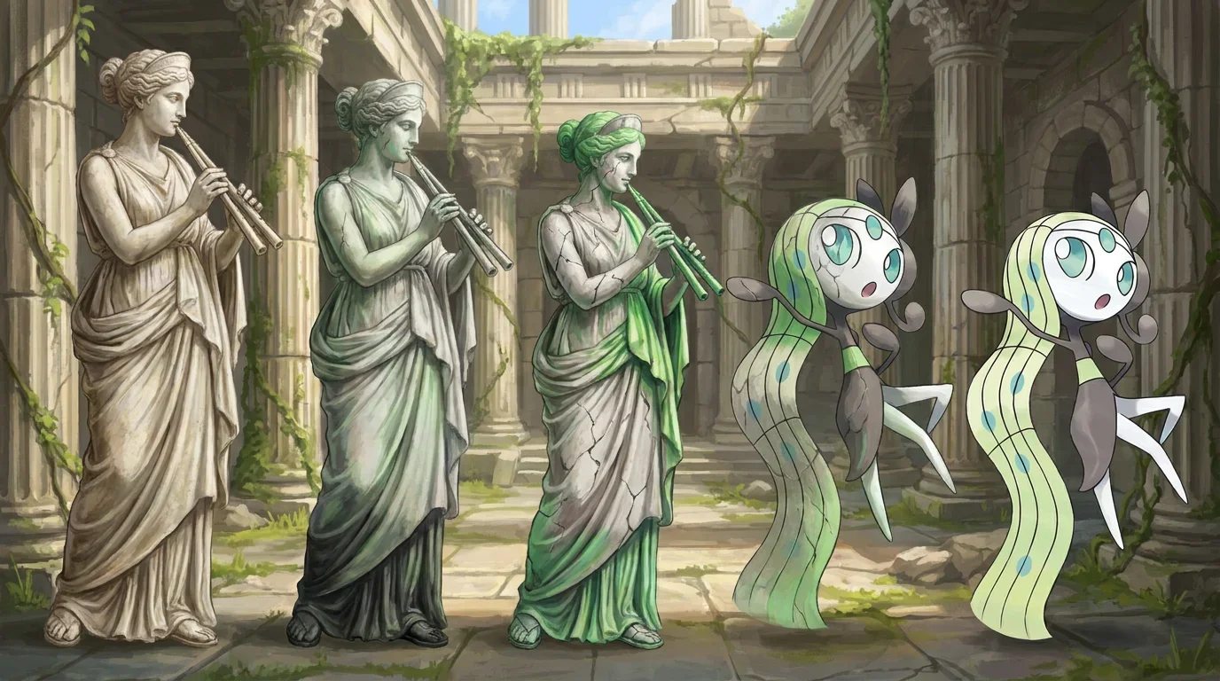 A marble statue of euterpe turning into Meloetta