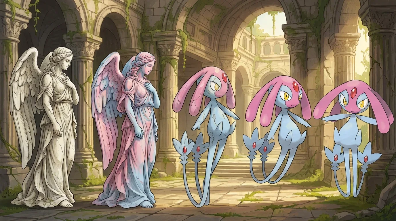 A marble statue of a seraph angel turning into Mesprit
