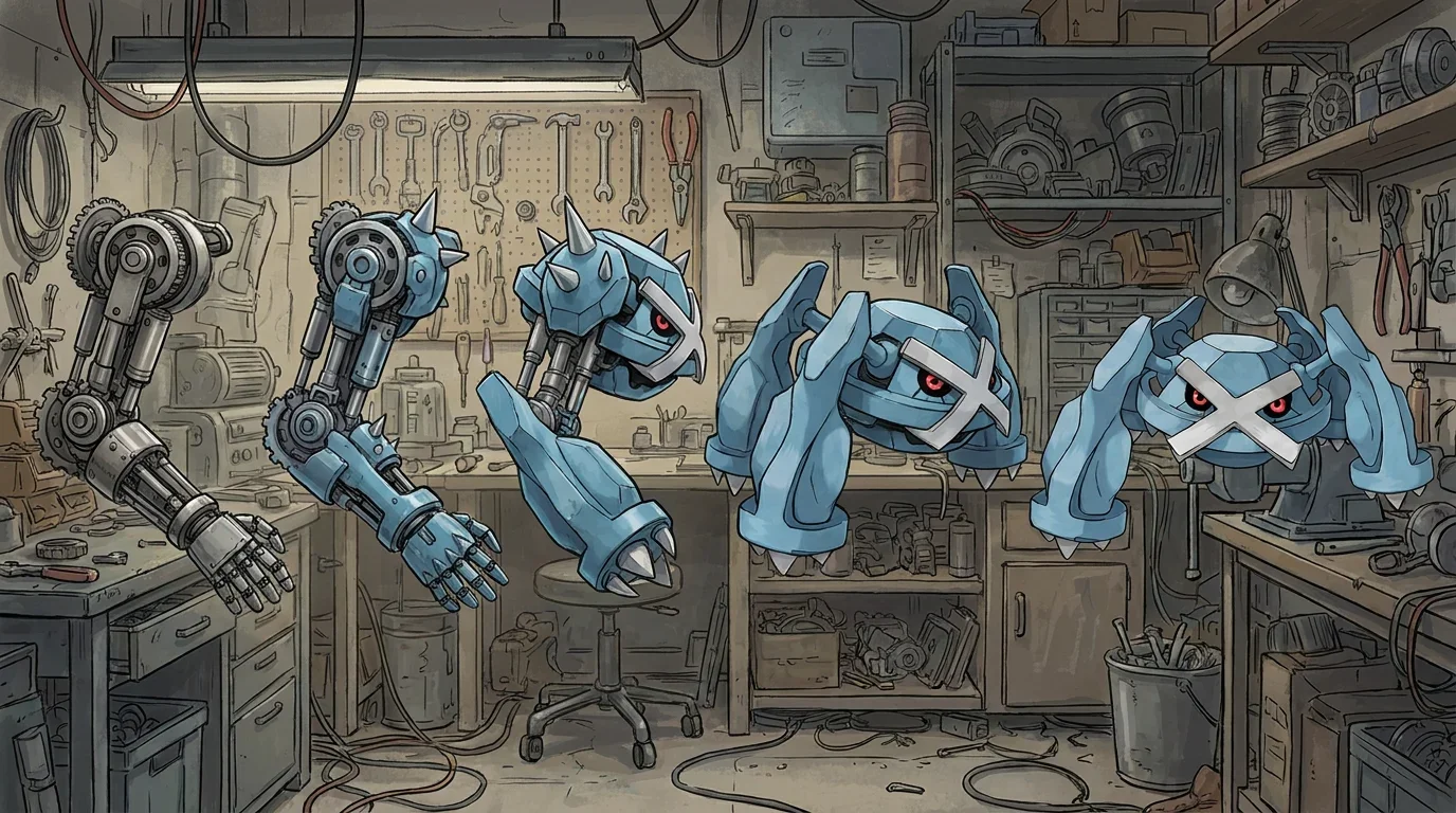 A industrial robot arm turning into Metagross