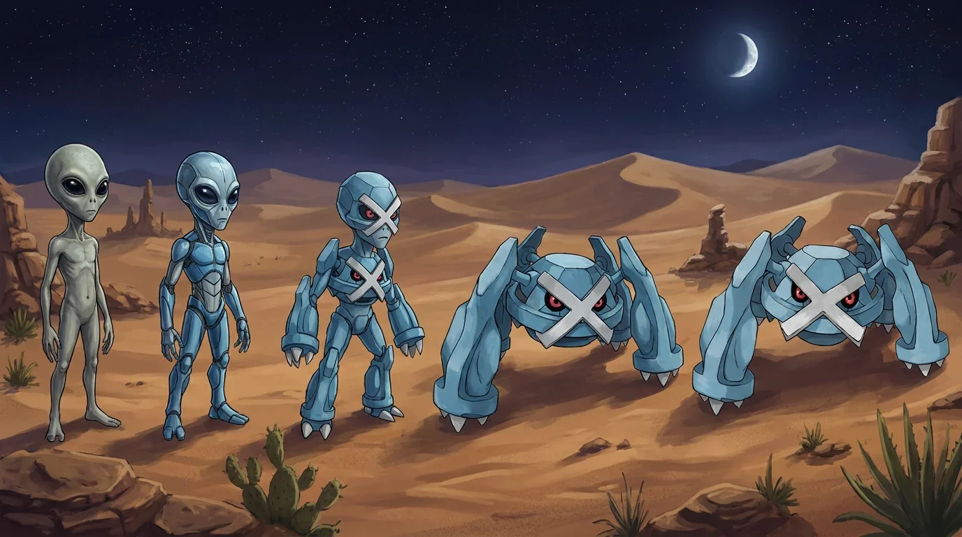 A little grey alien figure turning into Metagross