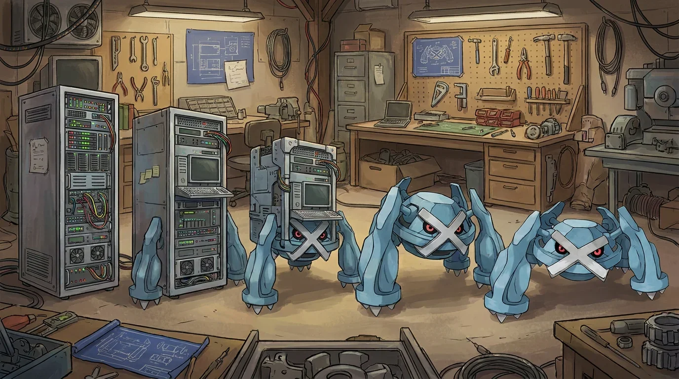 A supercomputer server rack turning into Metagross