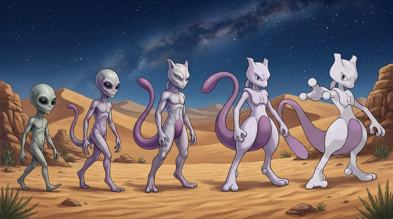 A little grey alien figure turning into Mewtwo