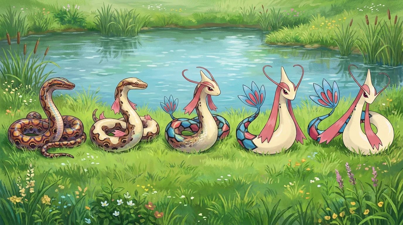 A adult rainbow boa turning into Milotic