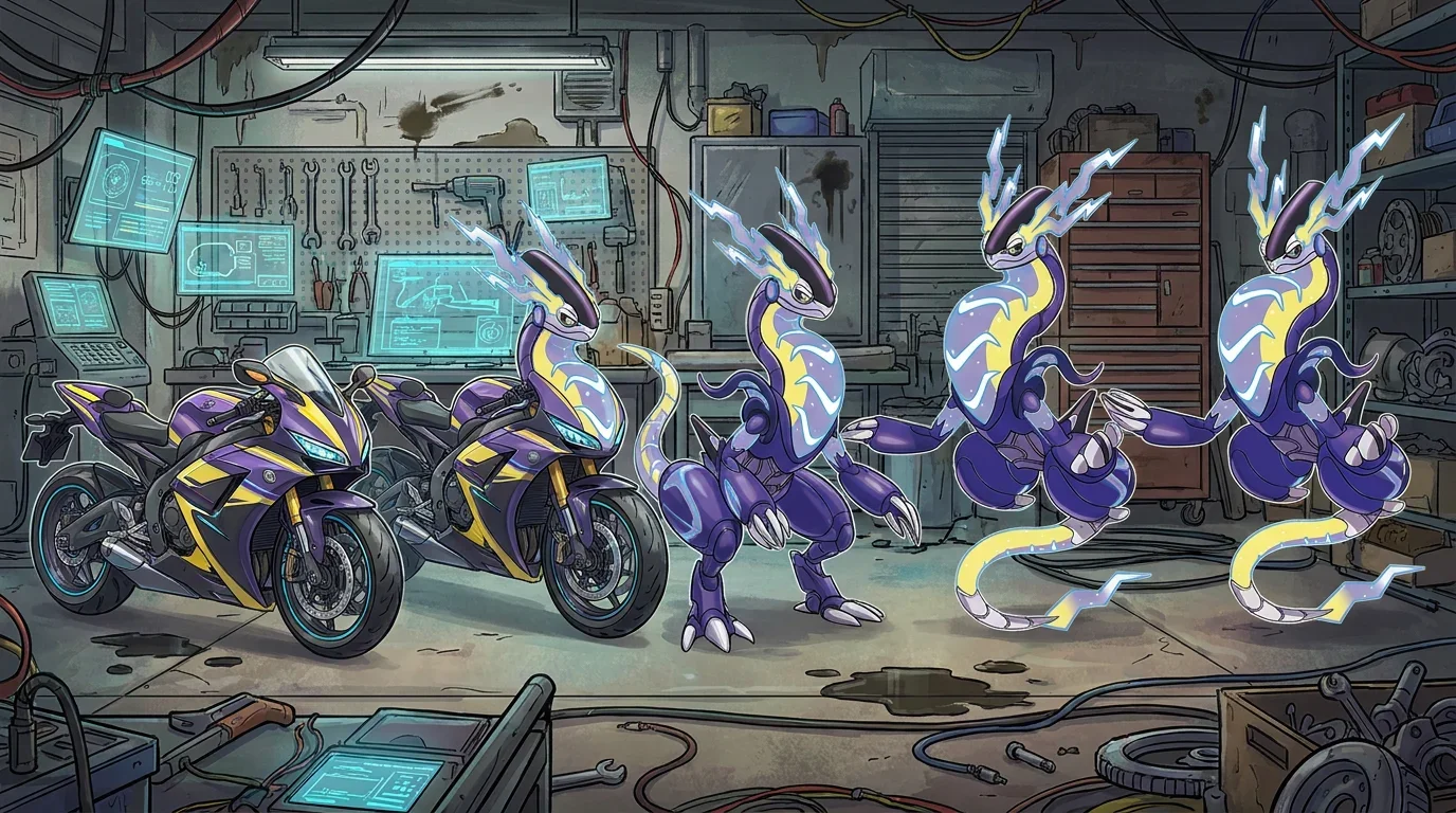 A futuristic sport motorcycle turning into Miraidon