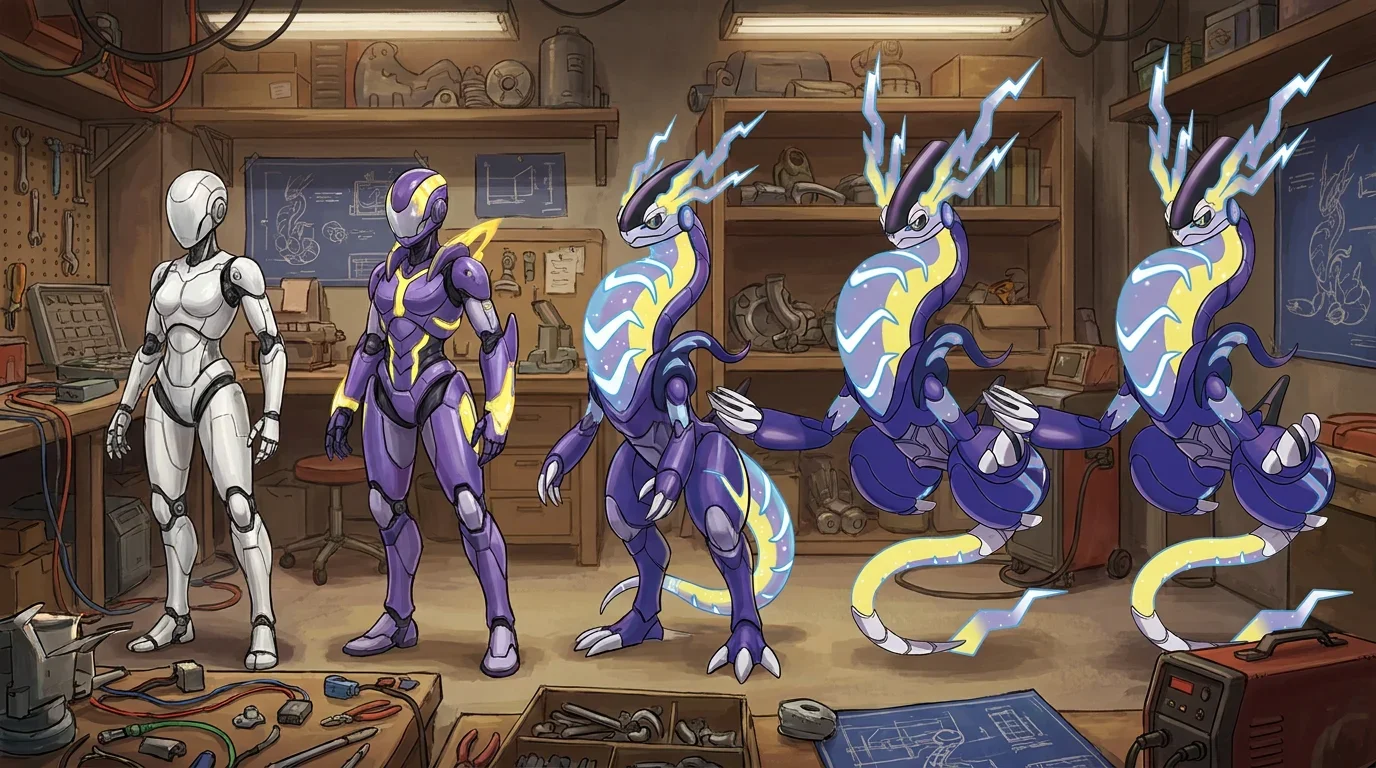 A sleek white humanoid robot turning into Miraidon