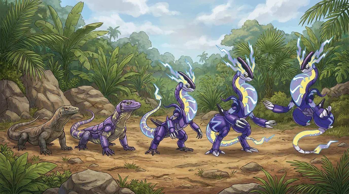 A young komodo dragon turning into Miraidon
