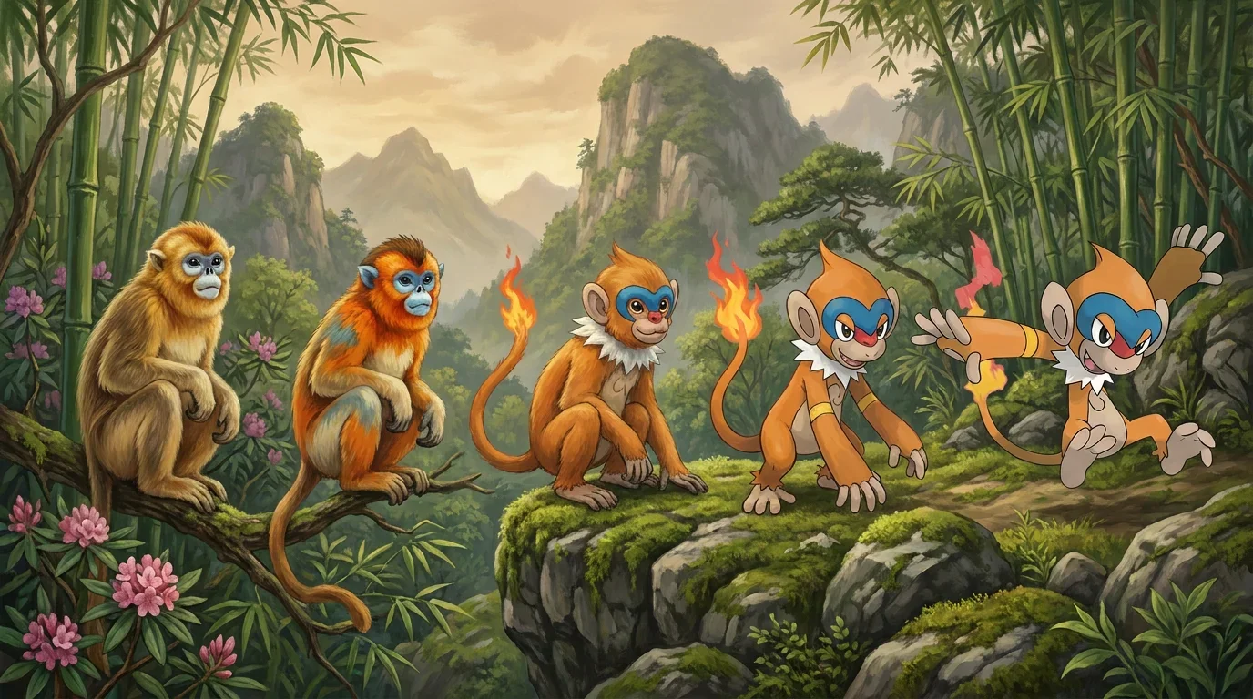 A golden snub nosed monkey turning into Monferno