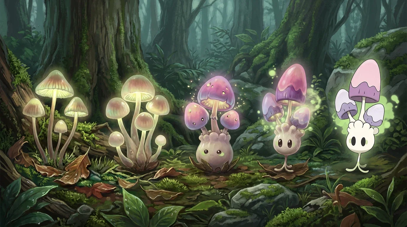 A glowing mycena mushroom turning into Morelull