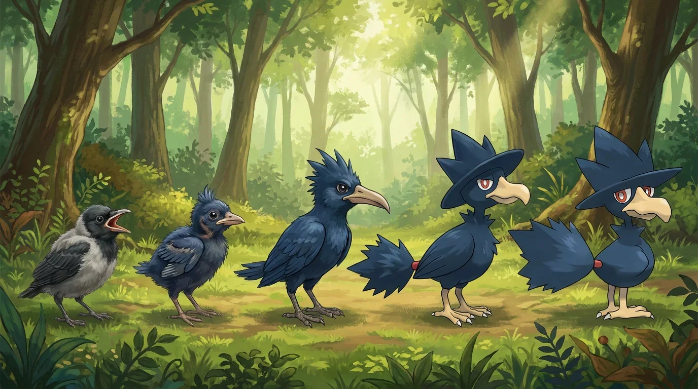 A carrion crow chick turning into Murkrow