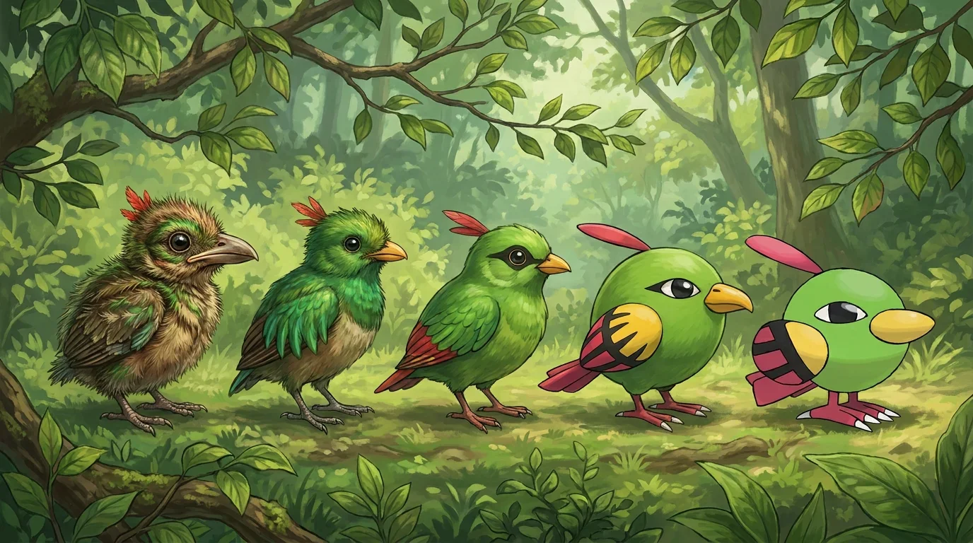 A quetzal chick turning into Natu