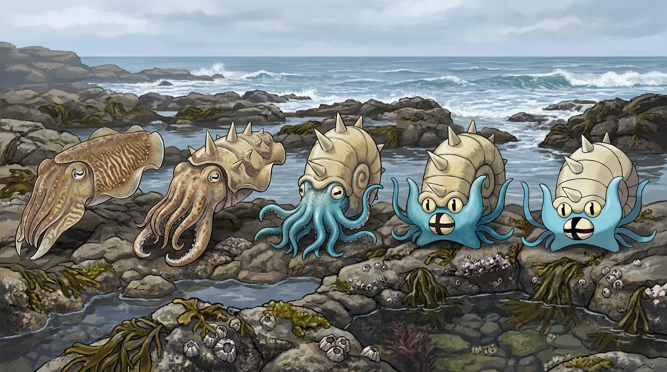A adult giant cuttlefish turning into Omastar