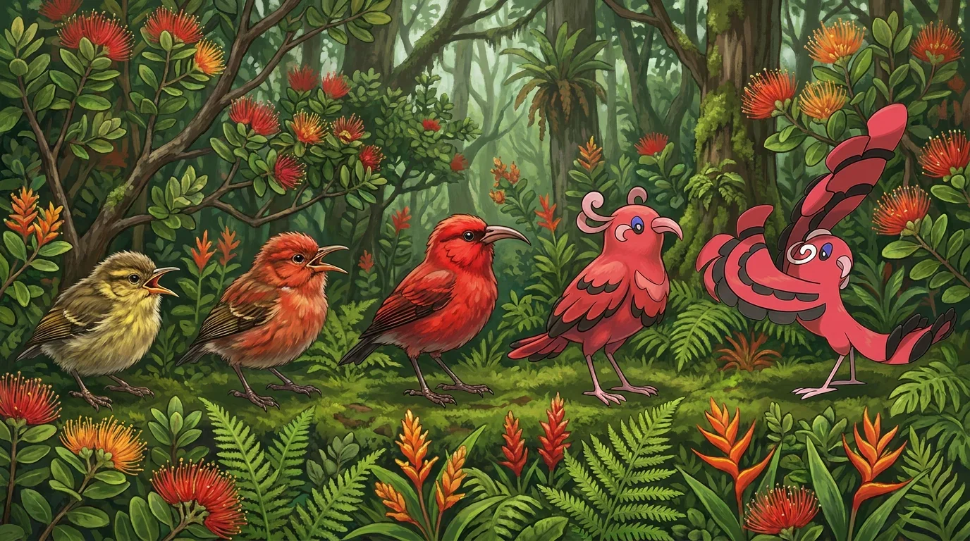A hawaiian honeycreeper chick turning into Oricorio