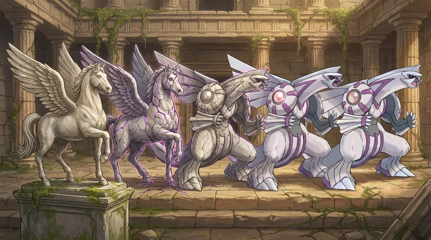 A marble statue of pegasus turning into Palkia