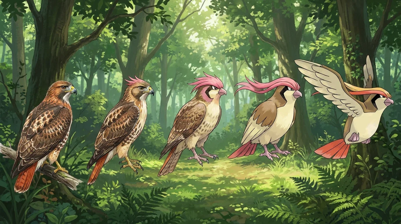A red tailed hawk turning into Pidgeot