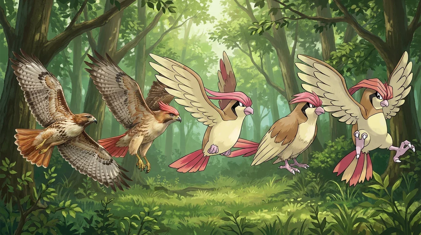 A red tailed hawk turning into Pidgeotto