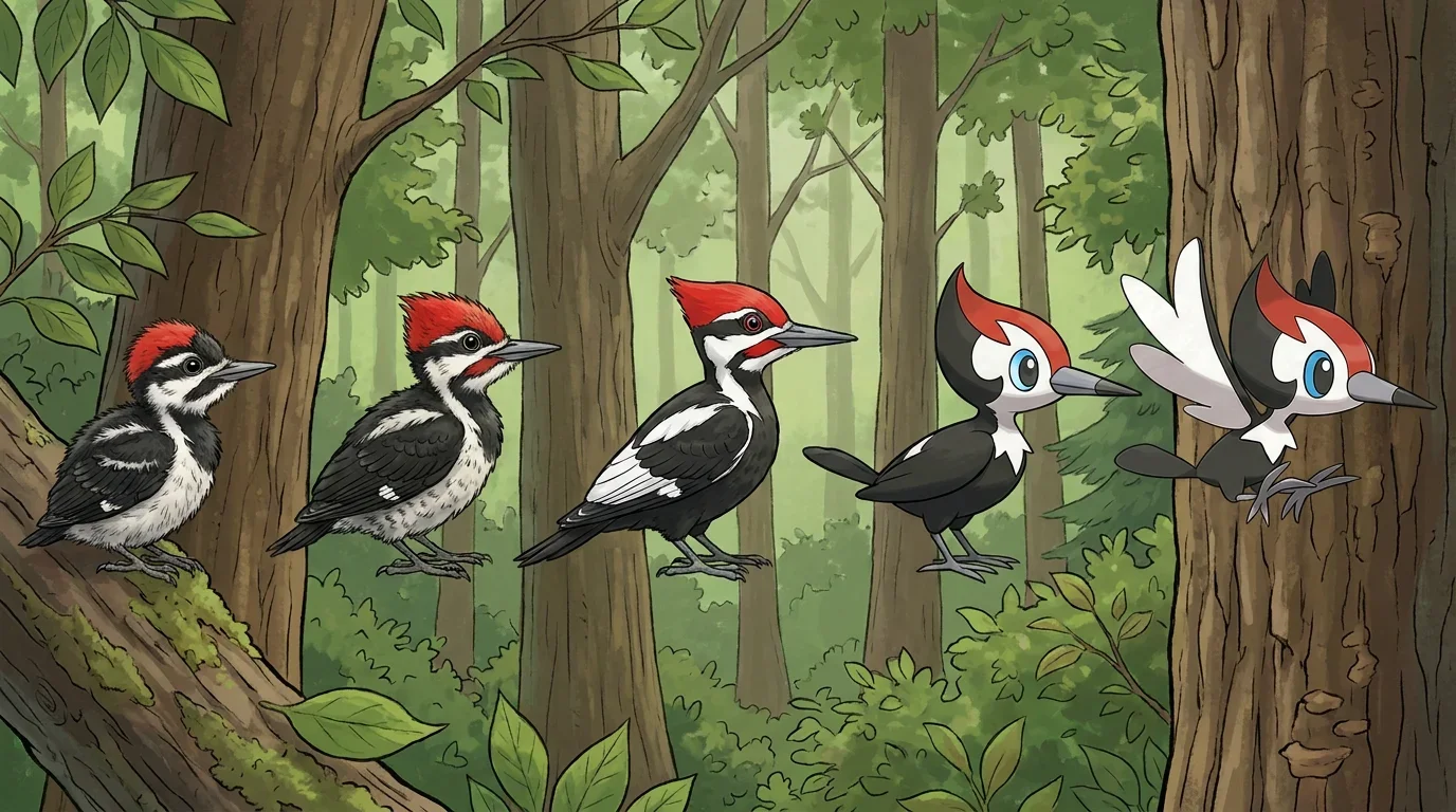 A pileated woodpecker chick turning into Pikipek