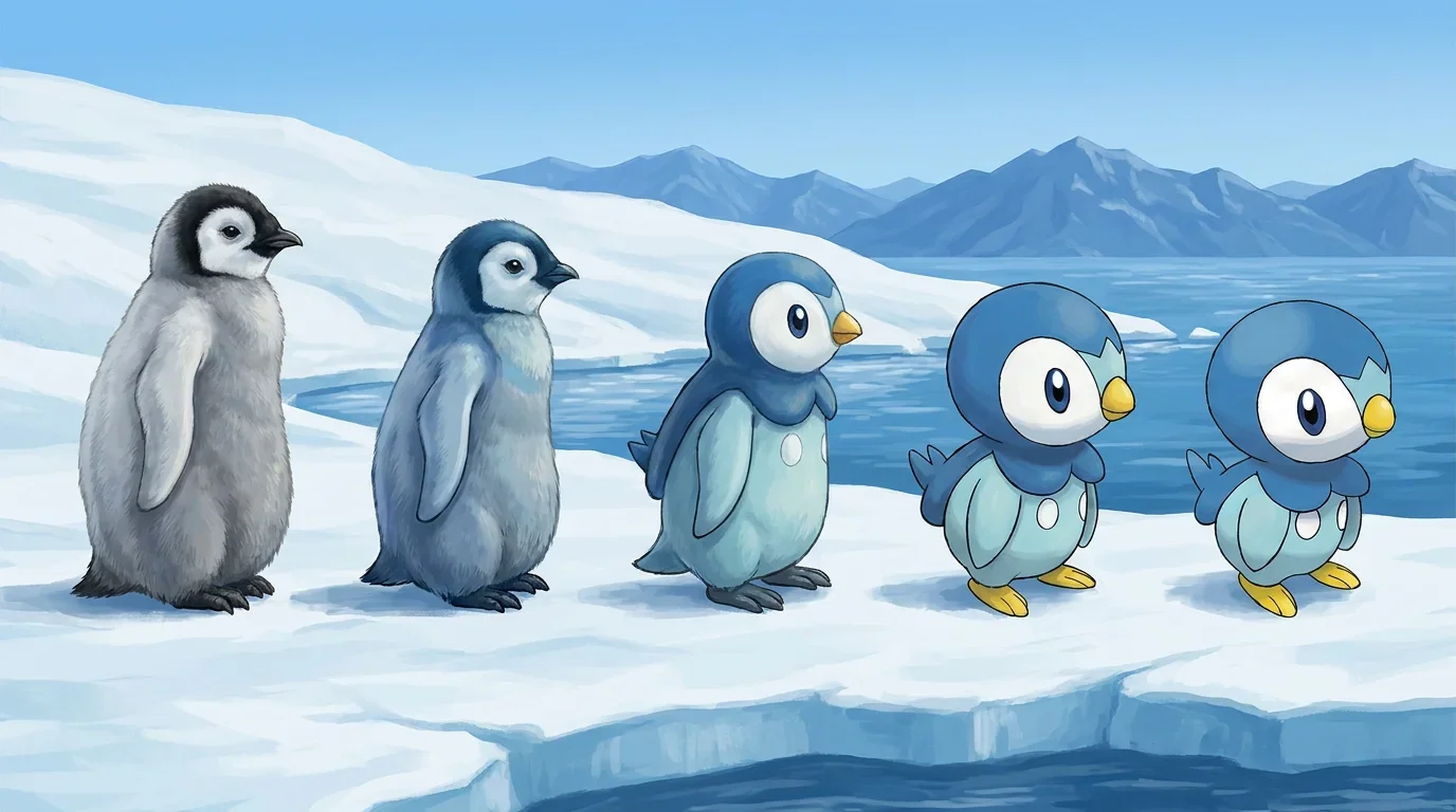 A emperor penguin chick turning into Piplup