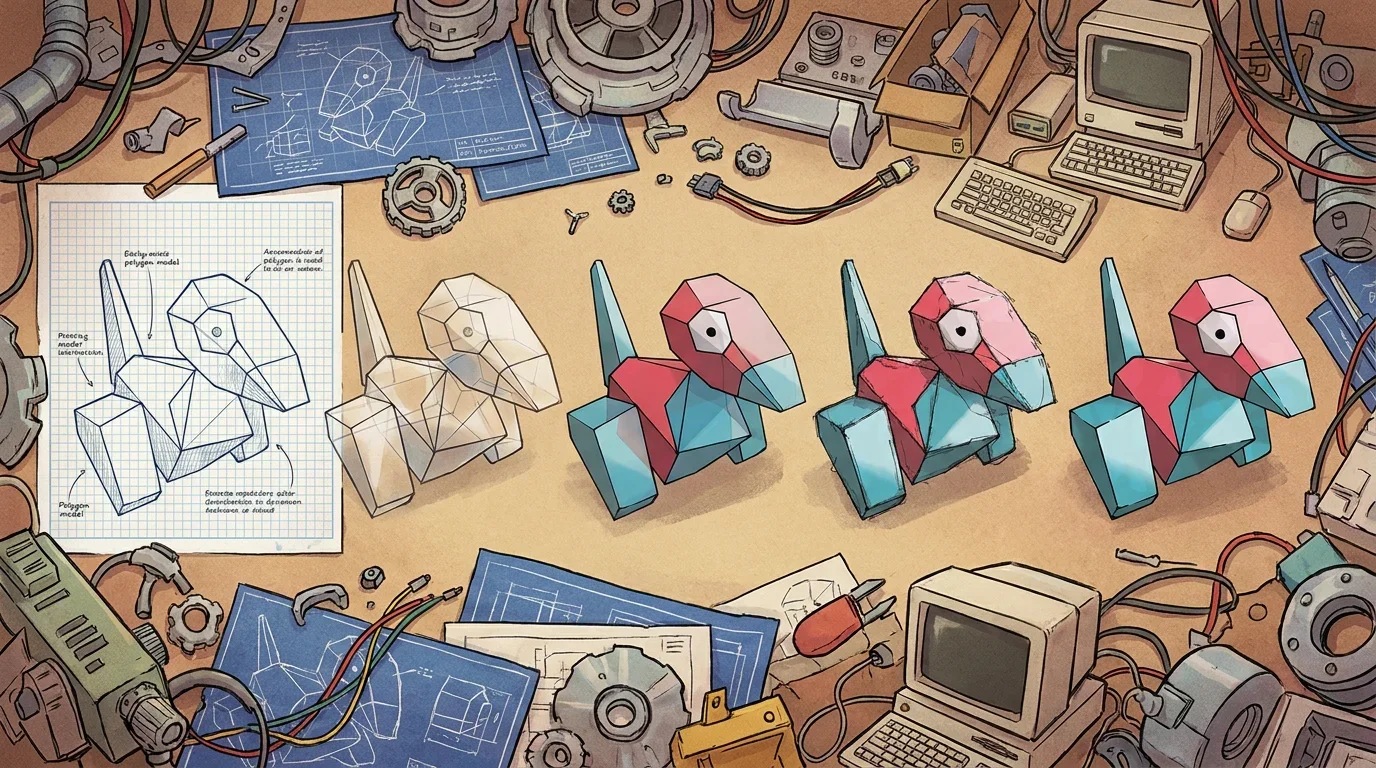 A early wireframe polygon model turning into Porygon