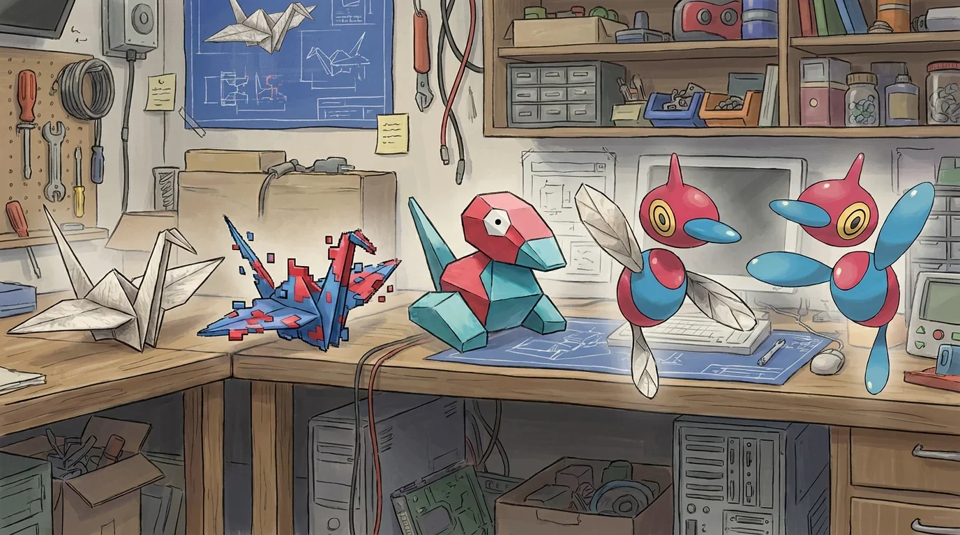 A origami paper crane turning into Porygon-Z