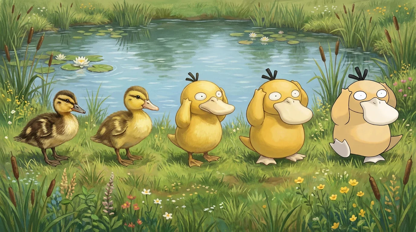 A mallard duckling turning into Psyduck